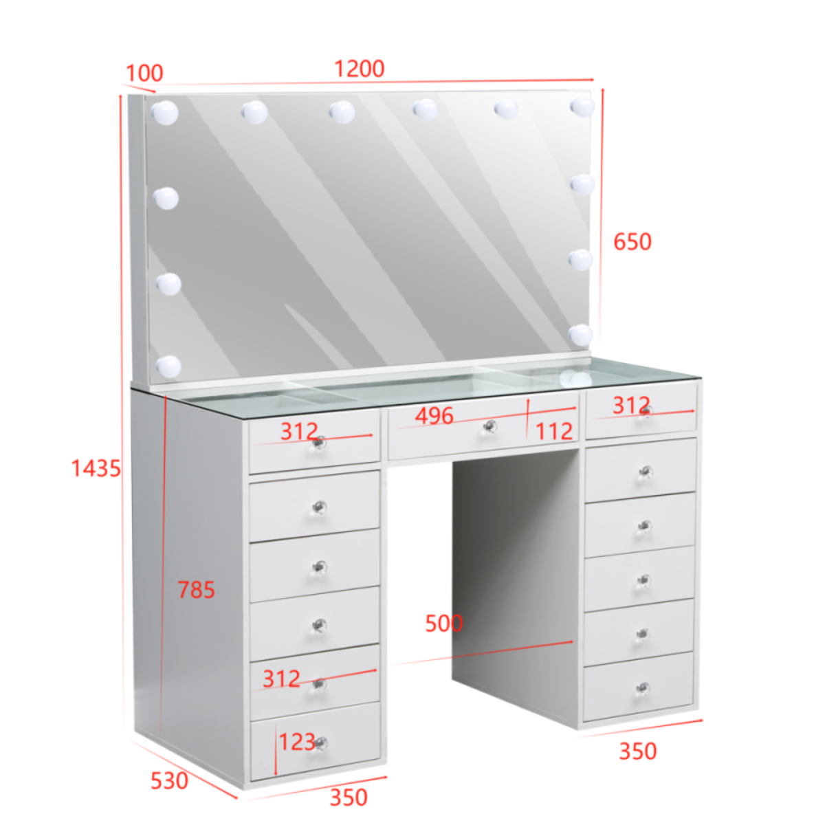 Mesa Toucador de Maquilhagem Branca com Tampo de Vidro Transparente e Espelho LED Sem Moldura Hollywood 120cm