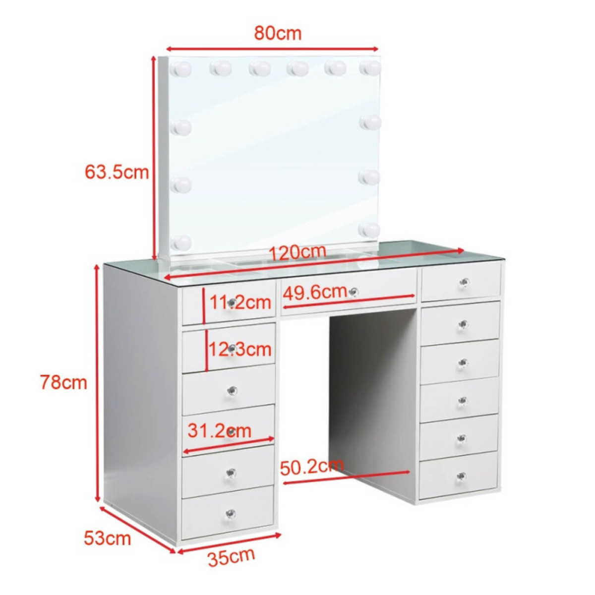 Mesa Toucador de Maquilhagem Branca com Tampo de Vidro Transparente e Espelho Parcial LED Sem Moldura Hollywood 120cm