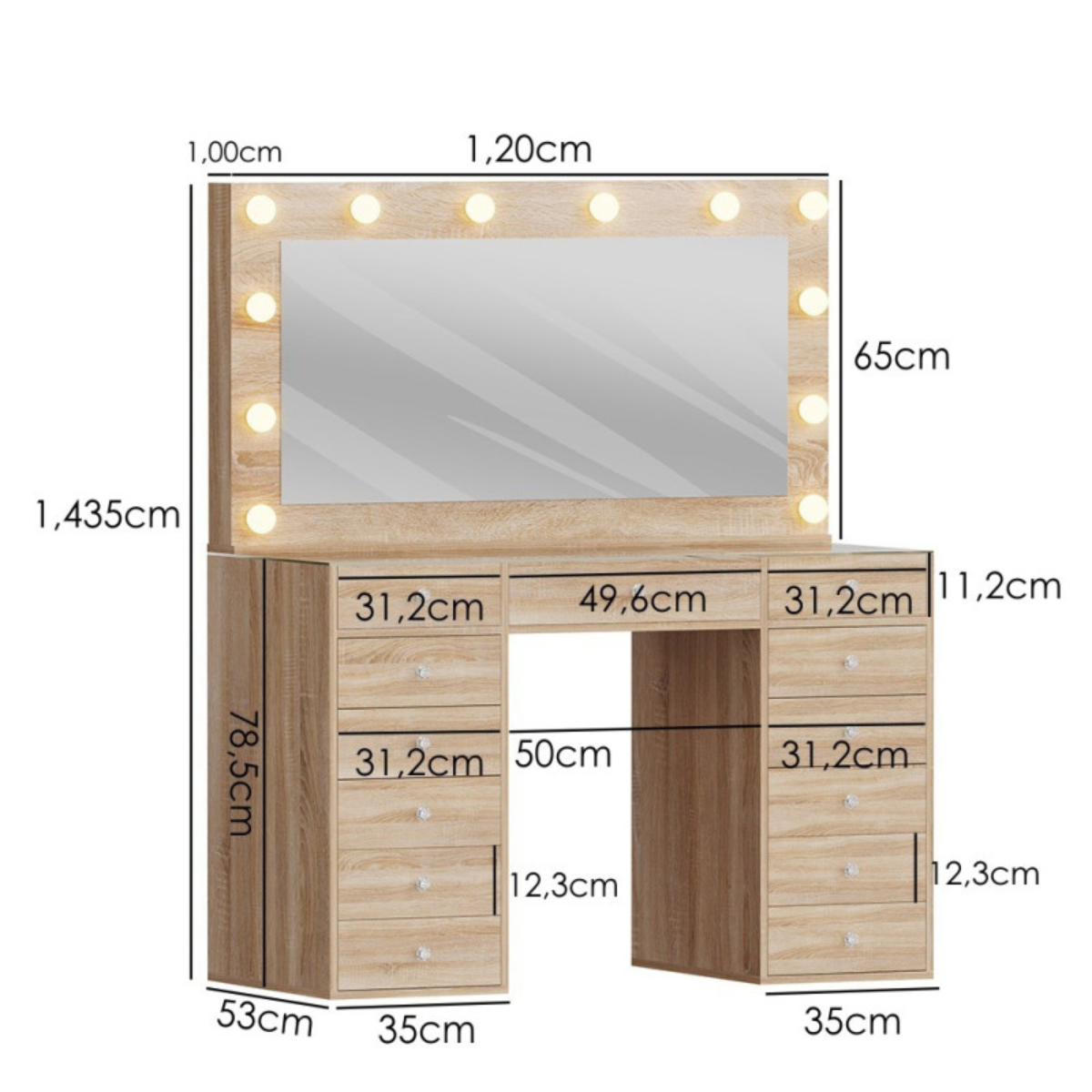 Toucador Maquilhagem Hollywood 120cm LED 13 Gavetas / Hollywood Makeup Vanity Table 120cm with Clear Glass Top Full Frame LED Mirror 13 Spacious Drawers