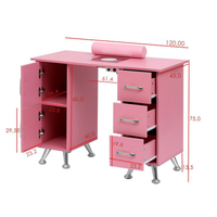 Mesa de manicure 120 cm rosa e prata com aspirador de pó embutido e almofada de apoio
