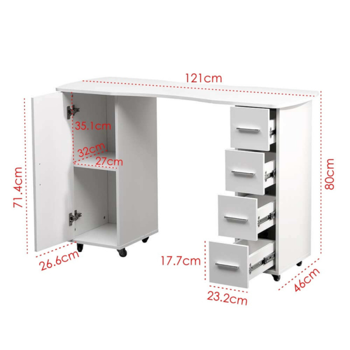 Mesa de manicure profissional branca 120 cm com 4 gavetas e armário para estúdio de unhas