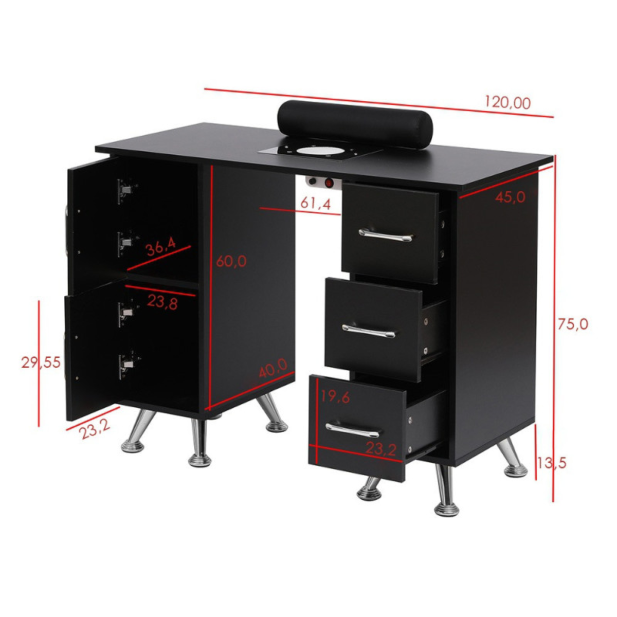 Mesa de manicure profissional 120 cm preto e prata com aspirador de pó para unhas