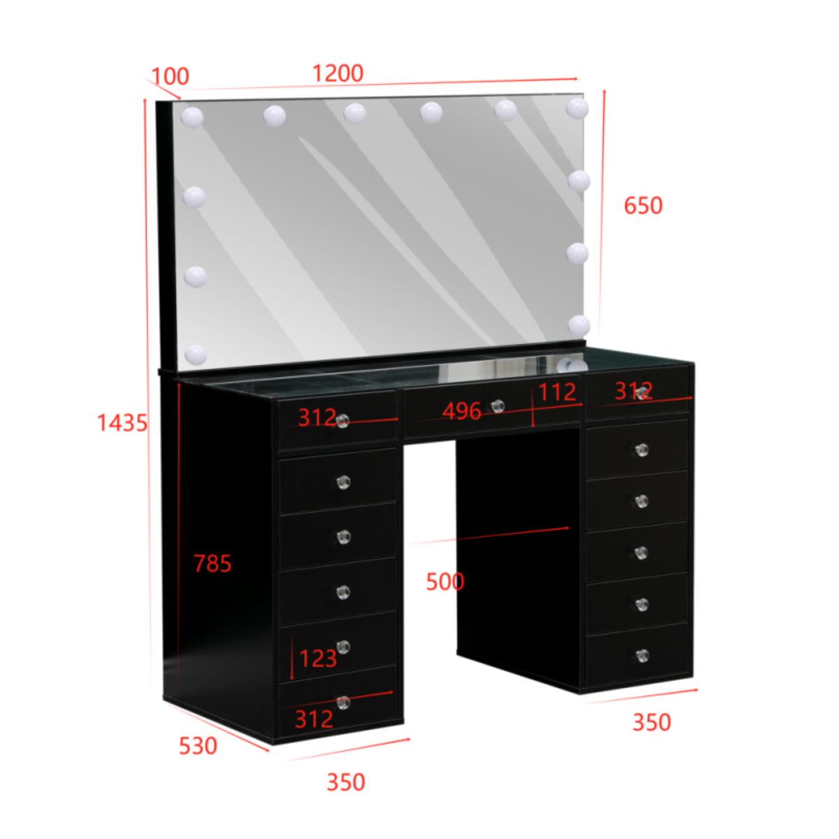 Mesa Toucador de Maquilhagem com Tampo de Vidro Transparente e Espelho LED Hollywood 120cm