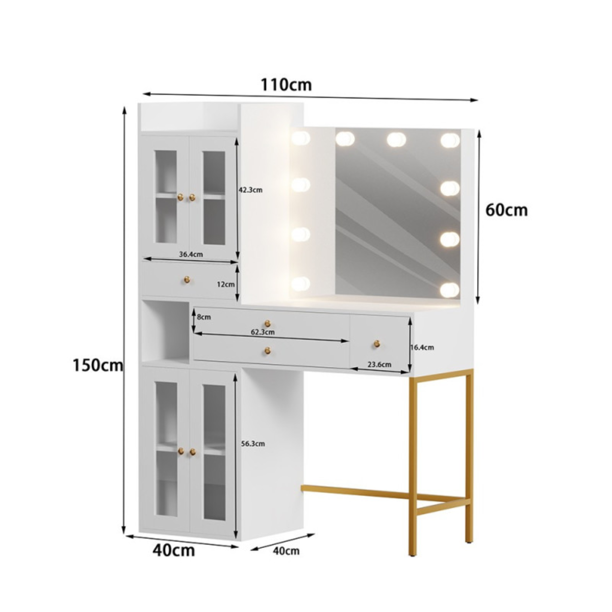 Conjunto de maquilhagem branco com espelho LED Hollywood de corpo inteiro para salão