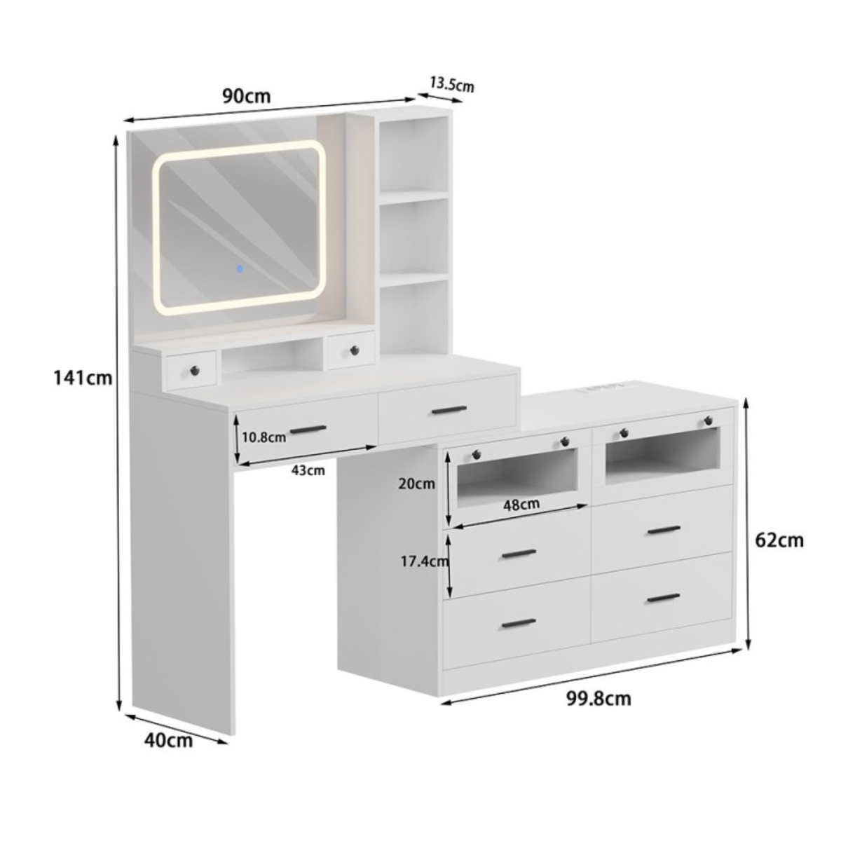 Penteadeira XL com espelho LED e gavetas iluminadas para maquilhagem e salão de beleza
