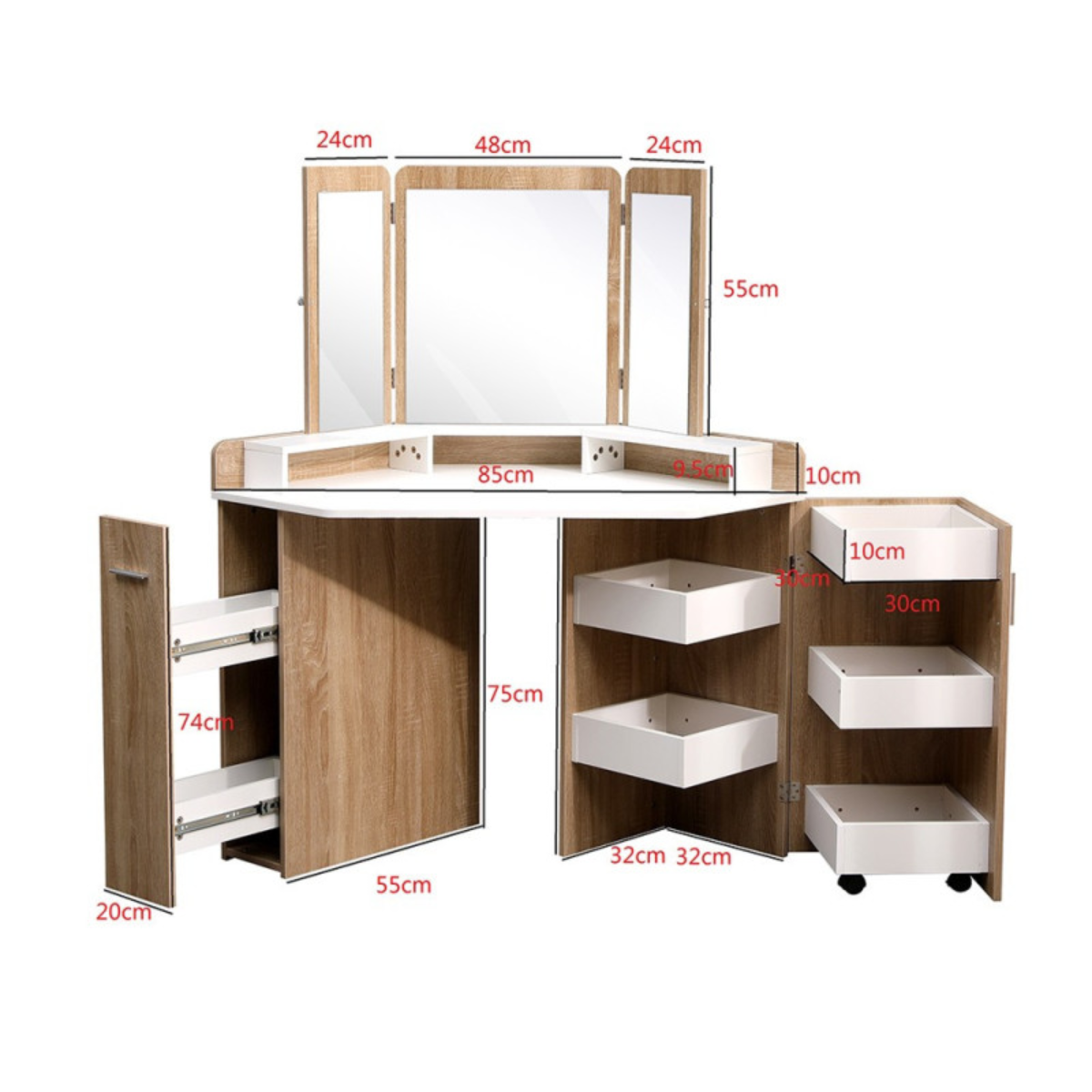 Toucador de canto com espelho tríptico, penteadeira branco natural para quarto e salão