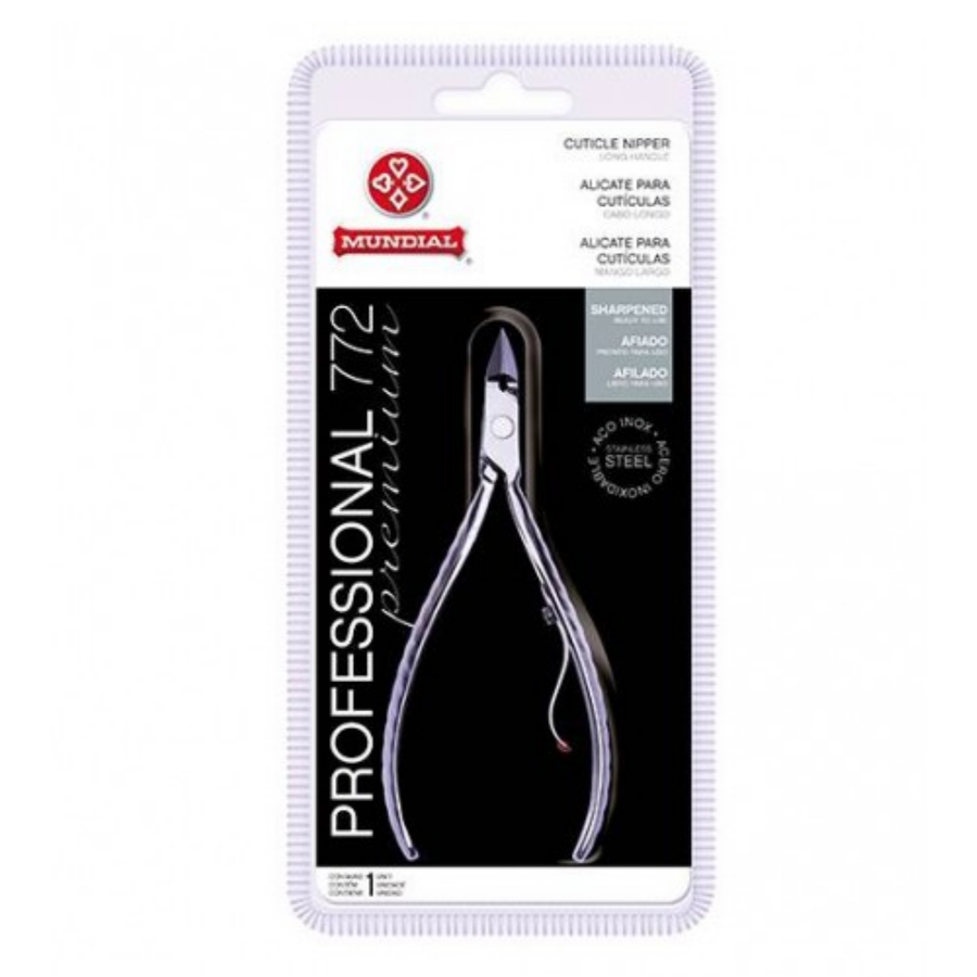 Alicate para Cutículas Mundial Professional 772 Premium, embalagem blister branca e preta. Em aço inox com cabo longo, já vem afiado e é ideal para uso profissional.
