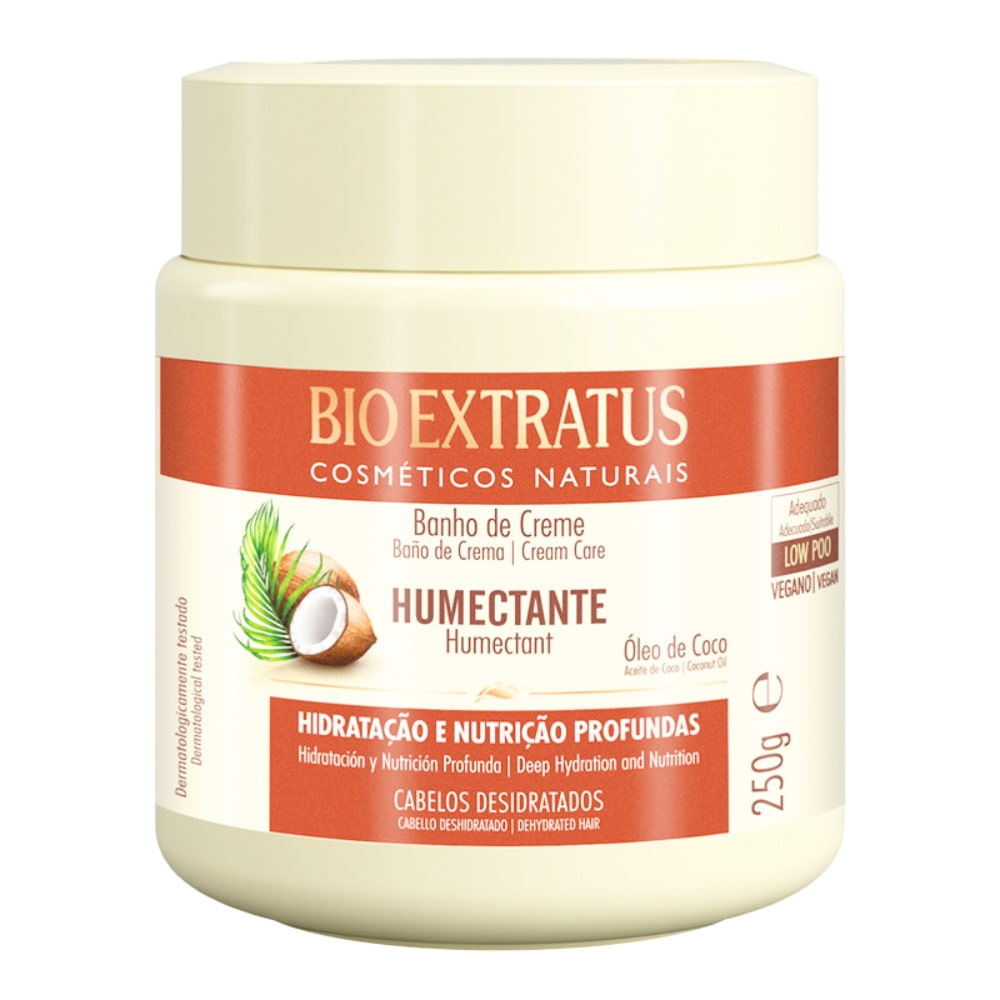 Bio Extratus Banho de Creme Humectante 250g, pote e tampa beges. Com Óleo de Coco, proporciona hidratação e nutrição profundas para cabelos desidratados.