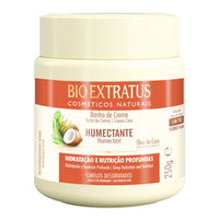Bio Extratus Banho de Creme Humectante 250g, pote e tampa beges. Com Óleo de Coco, proporciona hidratação e nutrição profundas para cabelos desidratados.