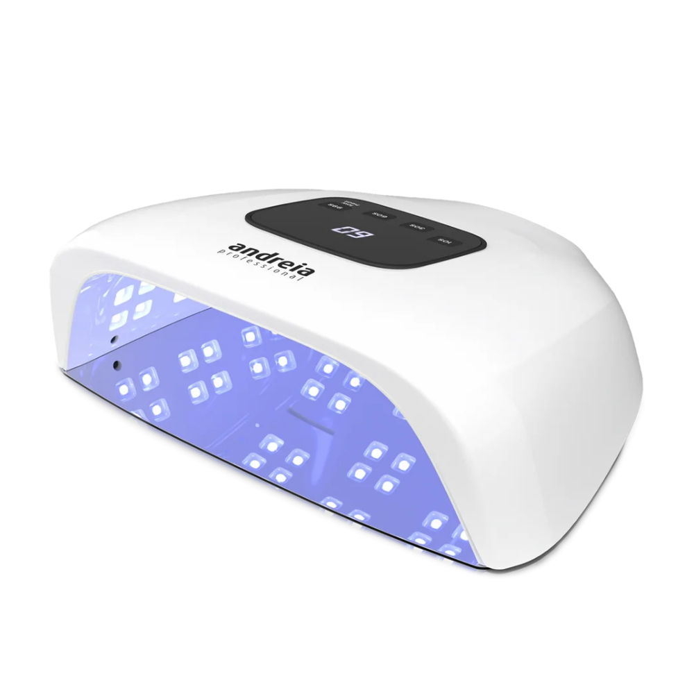 Catalisador Andreia Professional, branco com display. Garante secagem rápida e profissional de unhas de gel.