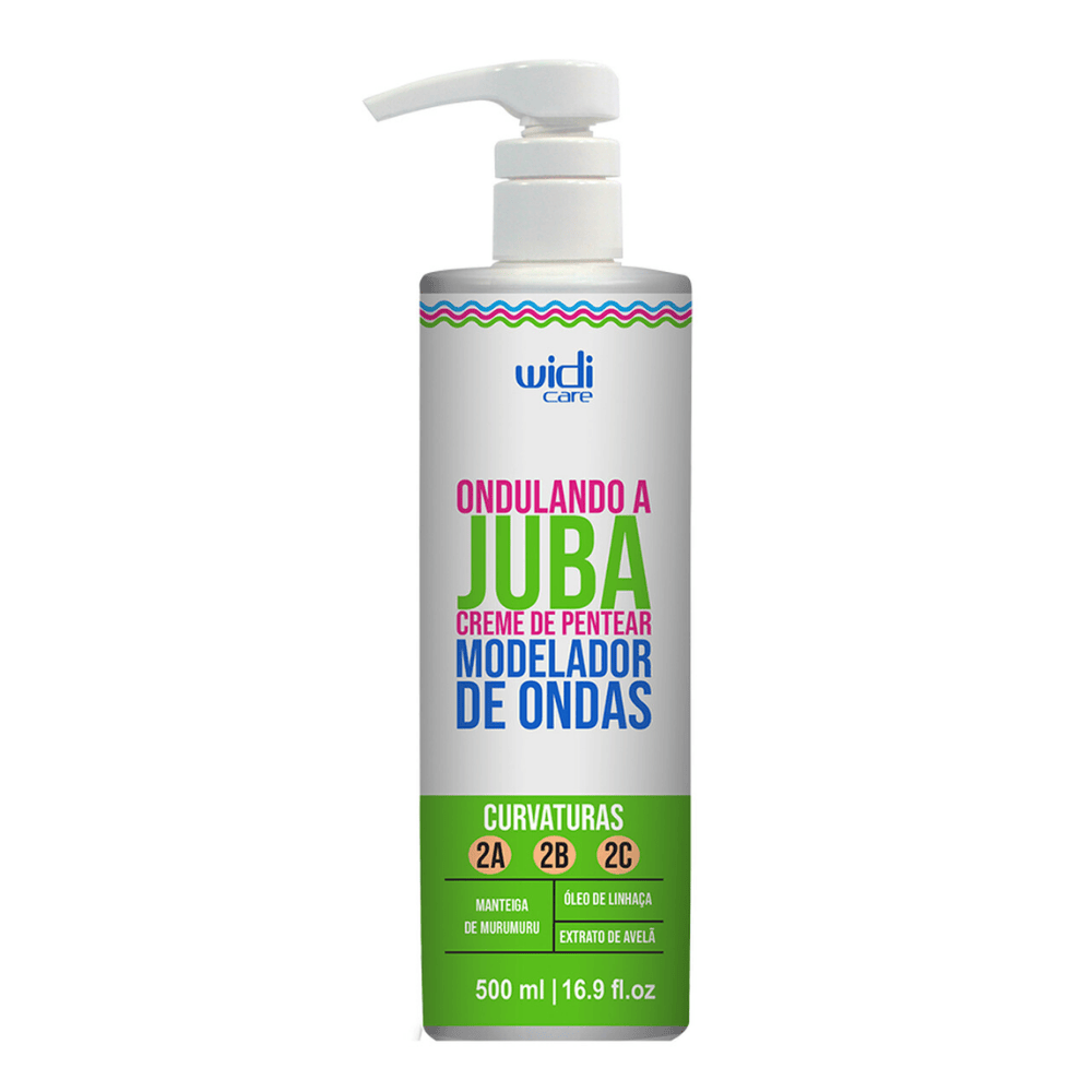 Widi Care Ondulando a Juba 500mL, frasco branco com pump. Com Murumuru e Linhaça, modela e define ondas (curvaturas 2A, 2B e 2C).