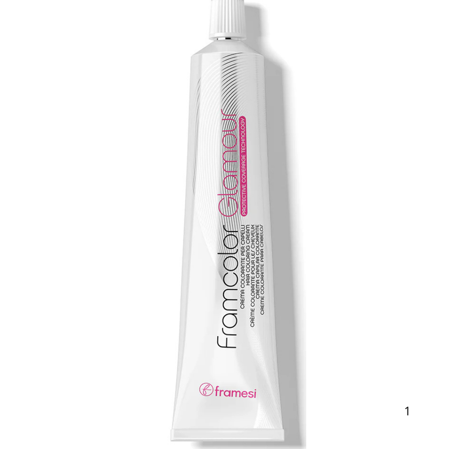 Framesi Framcolor Glamour 100mL, bisnaga branca. Creme colorante com tecnologia Protective Coverage que oferece cobertura total e proteção aos fios.