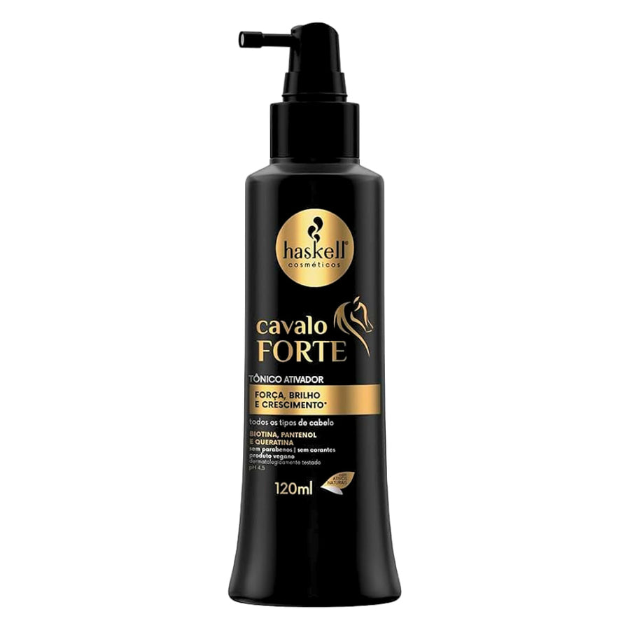 Tônico Ativador Haskell Cavalo Forte 120mL, frasco preto com spray. Com Biotina, Pantenol e Queratina, promove força, brilho e auxílio no crescimento.