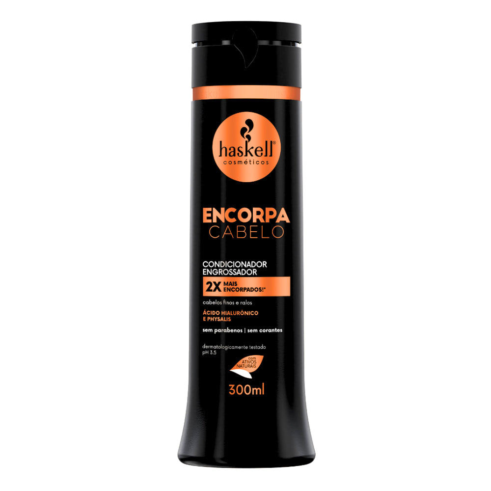 Condicionador Haskell Encorpa Cabelo 300mL, frasco preto. Com Ácido Hialurônico, condiciona e engrossa fios finos e ralos.