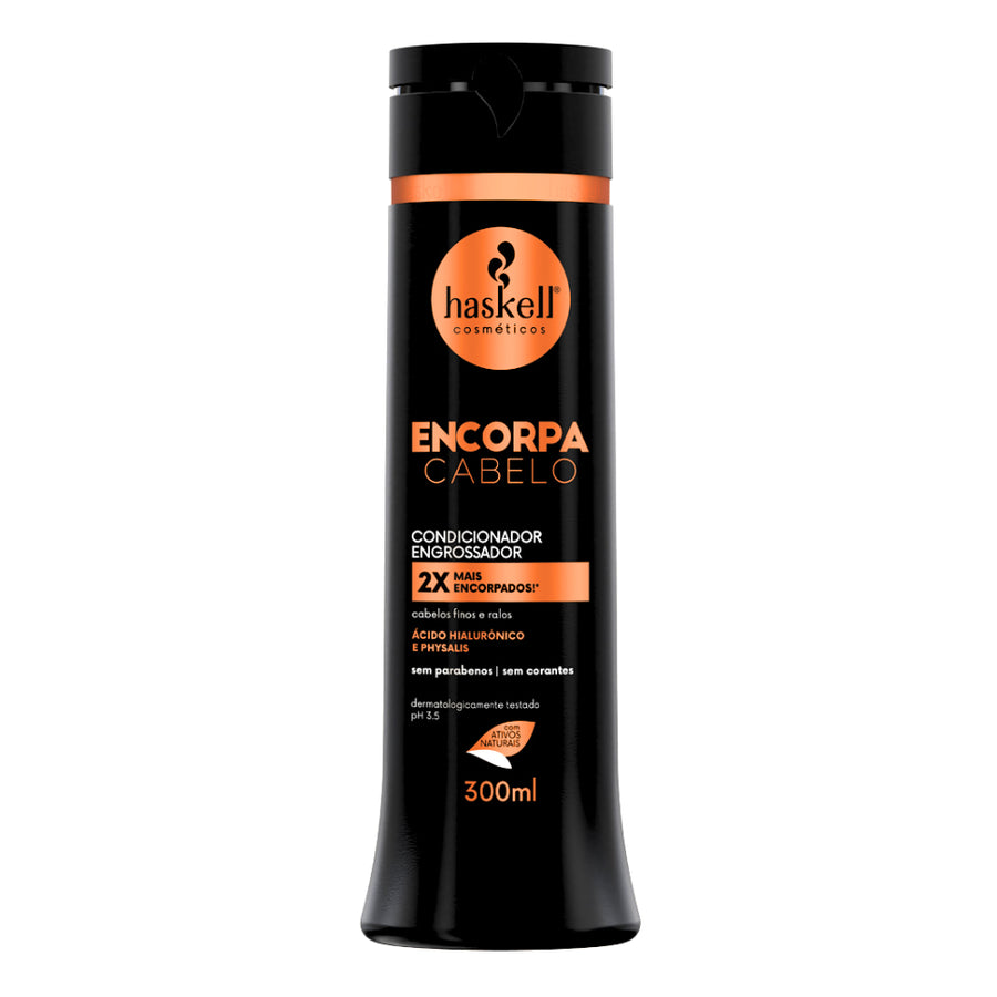 Condicionador Haskell Encorpa Cabelo 300mL, frasco preto. Com Ácido Hialurônico, condiciona e engrossa fios finos e ralos.