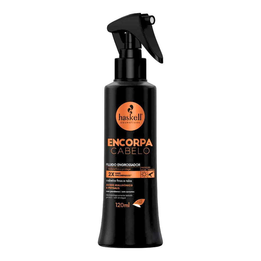 Fluido Haskell Encorpa Cabelo 120mL, frasco preto com spray. Redensifica e protege cabelos finos com Ácido Hialurônico.