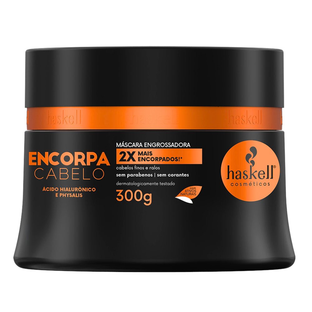 Máscara Haskell Encorpa Cabelo 300g, pote preto e laranja. Com Ácido Hialurônico, encorpa cabelos finos e ralos.