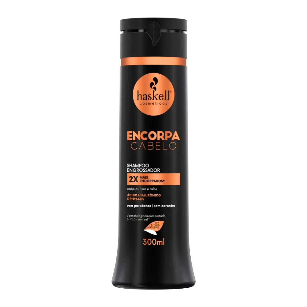 Shampoo Haskell Encorpa Cabelo 300mL, frasco preto e laranja. Com Ácido Hialurônico, limpa e engrossa fios finos e ralos.