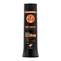 Shampoo Haskell Encorpa Cabelo 300mL, frasco preto e laranja. Com Ácido Hialurônico, limpa e engrossa fios finos e ralos.