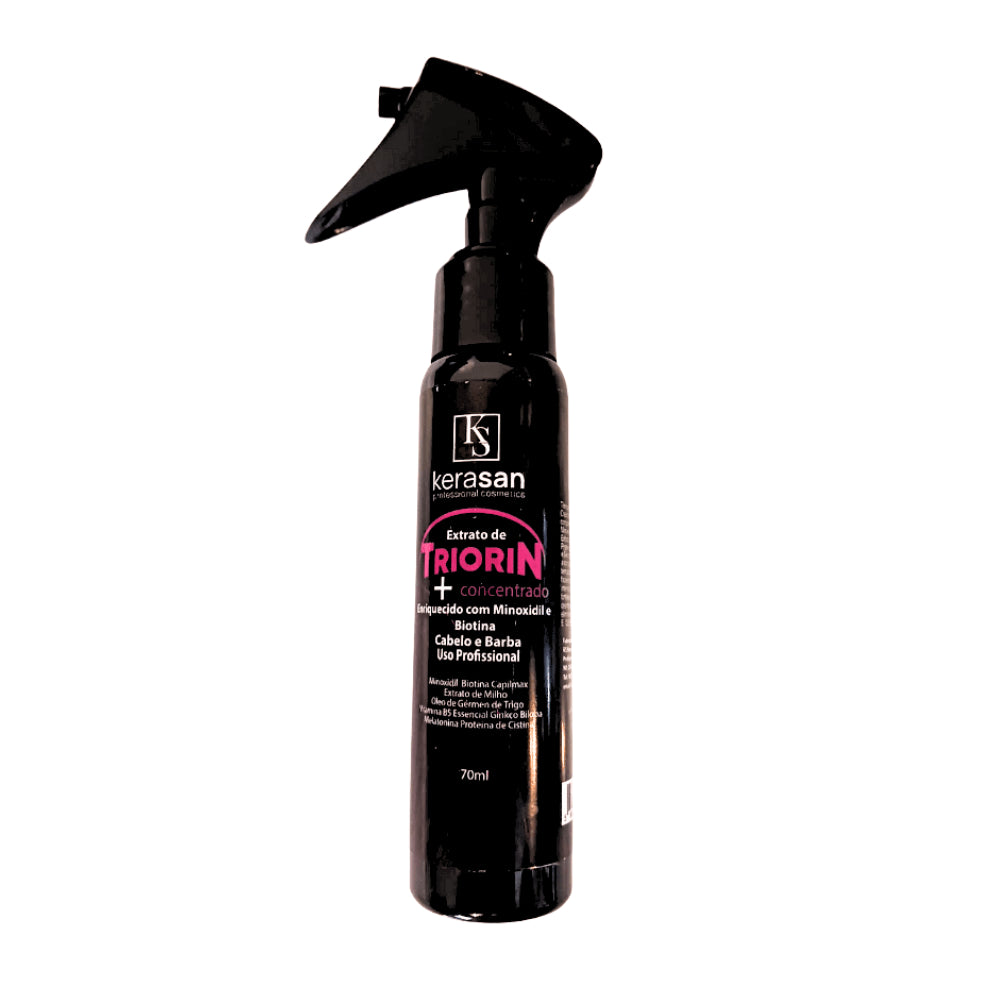 Kerasan Extrato de Triorin 70mL, frasco preto com spray. Com Minoxidil e Biotina, fortalece o cabelo e a barba.