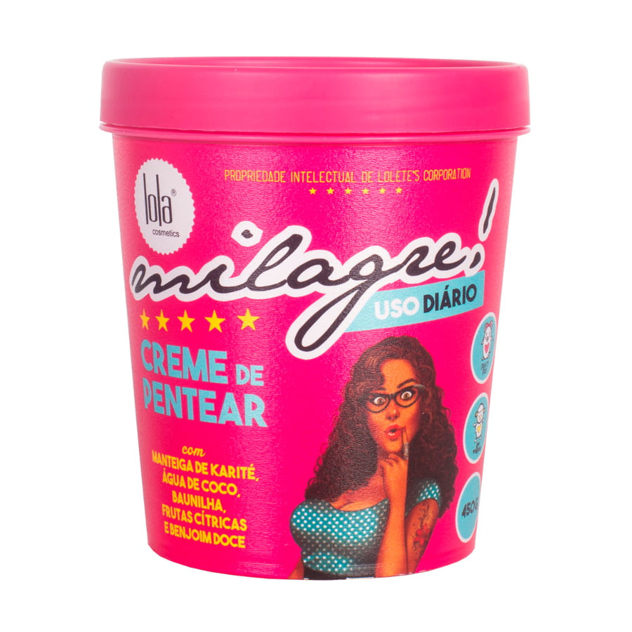 Lola Milagre! 450g, pote rosa. Creme de pentear com manteiga de karité e coco para brilho e hidratação diária.