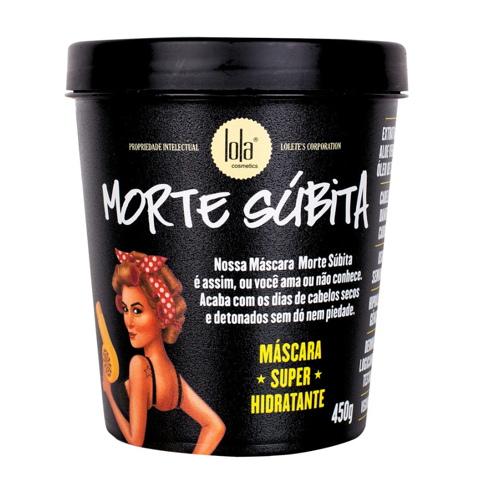 Lola Morte Súbita Máscara 450g, pote e tampa pretos. Máscara super hidratante que recupera cabelos secos e danificados.
