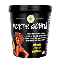 Lola Morte Súbita Máscara 450g, pote e tampa pretos. Máscara super hidratante que recupera cabelos secos e danificados.