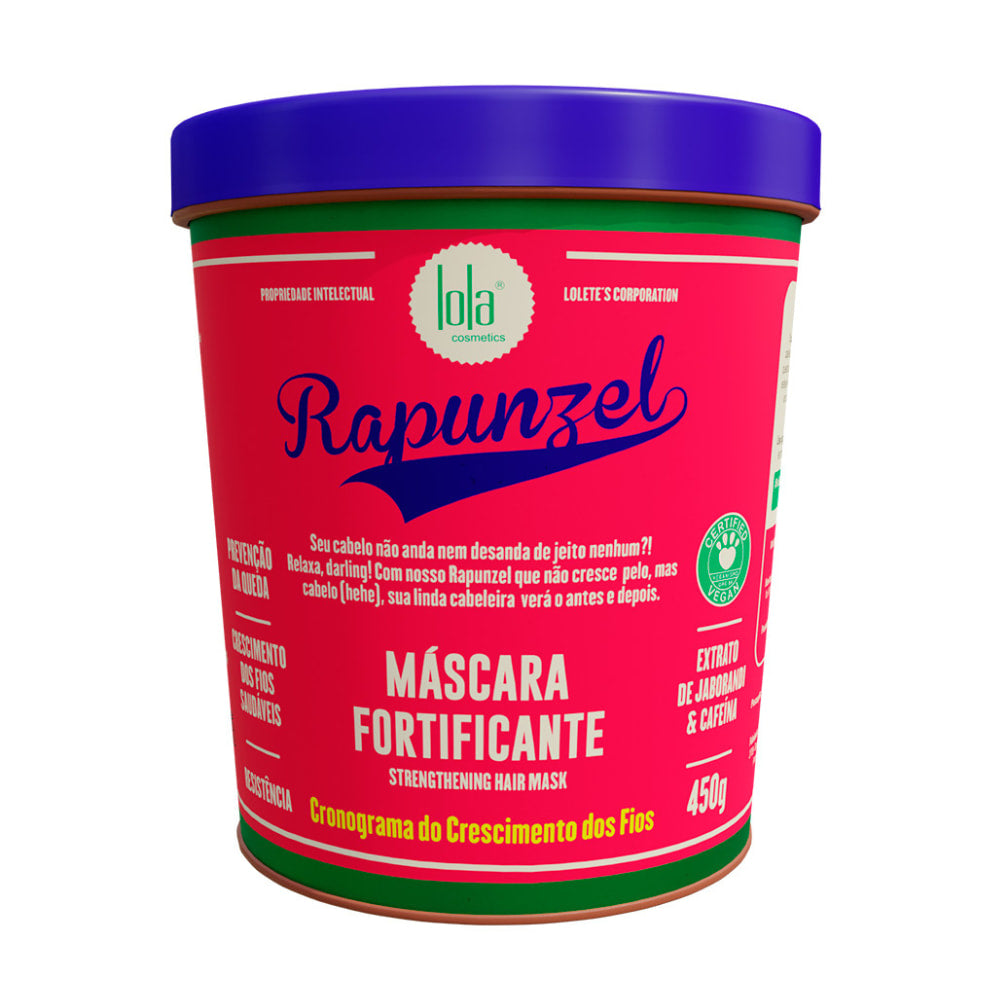 Lola Rapunzel Máscara 450g, pote rosa e tampa azul. Com Jaborandi e Cafeína, fortalece e previne a queda.