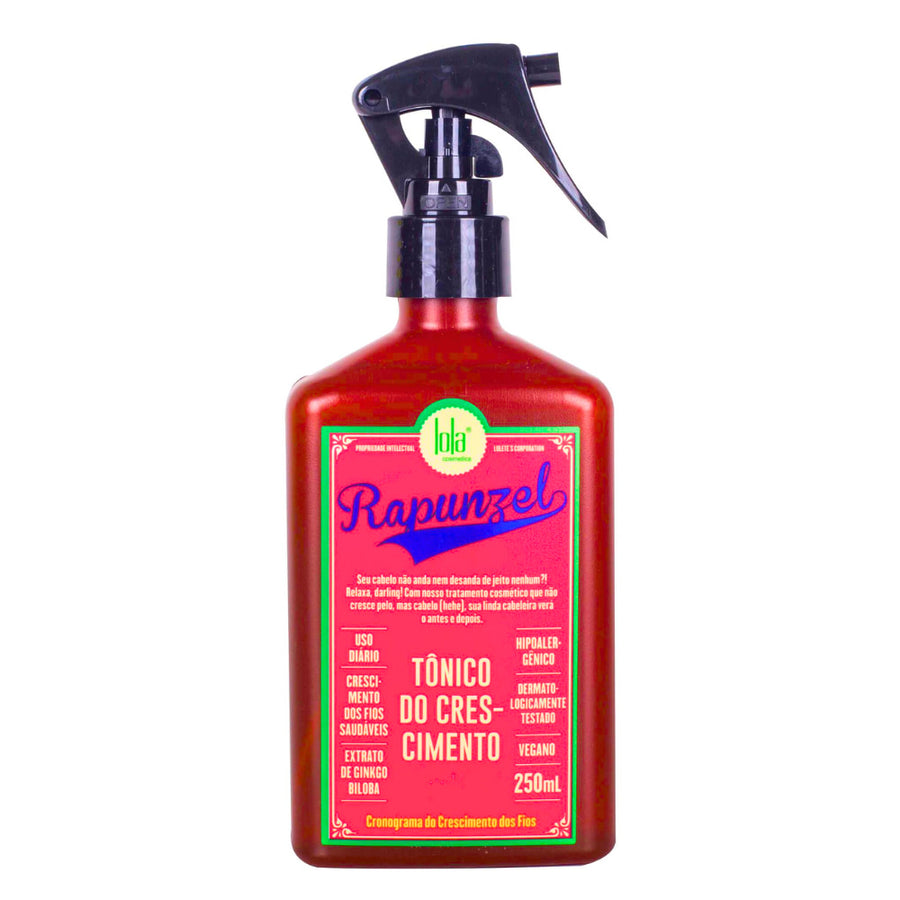 Lola Cosmetics Rapunzel Tônico 250mL, frasco âmbar com spray. Com Ginkgo Biloba, auxilia no crescimento de fios saudáveis.