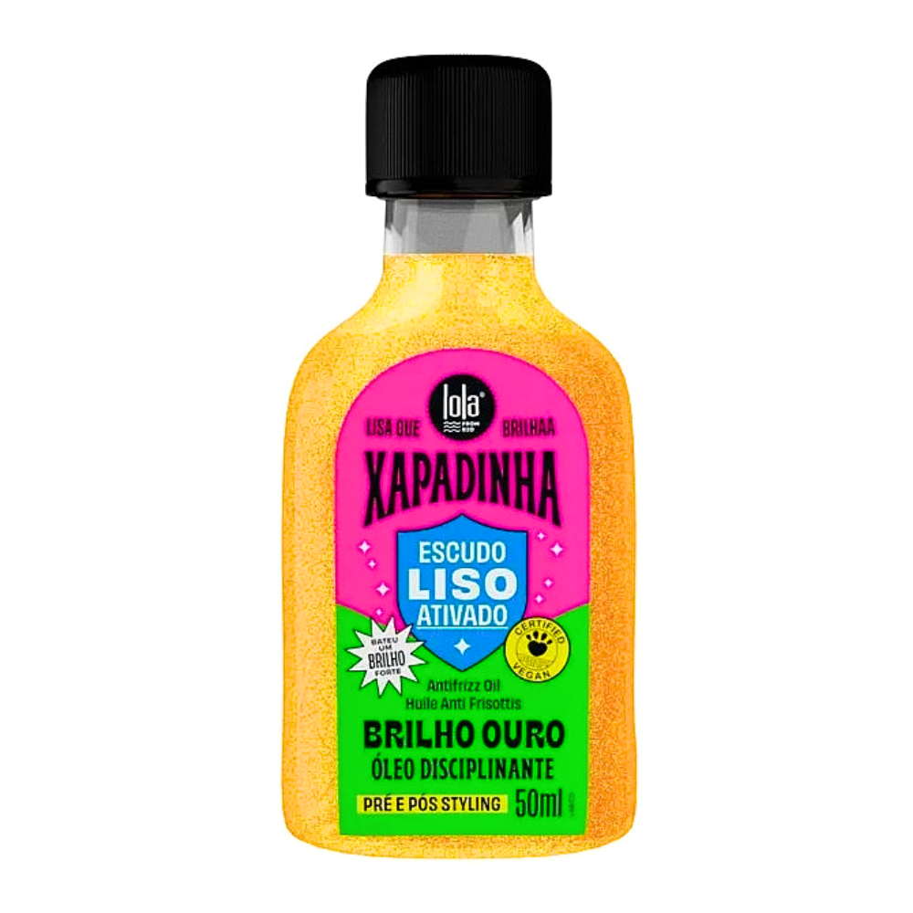 Óleo Disciplinante Lola Xapadinha Brilho Ouro 50mL, frasco transparente com conteúdo dourado e tampa preta. Proporciona efeito antifrizz e brilho intenso, sendo ideal para uso pré e pós-styling em cabelos lisos.