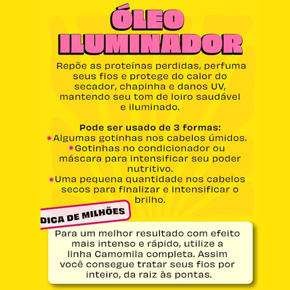 Imagem que mostra os usos principais da Lola Óleo Iluminador Camomila 50ml, apresentando as suas principais funcionalidades e opções disponíveis.