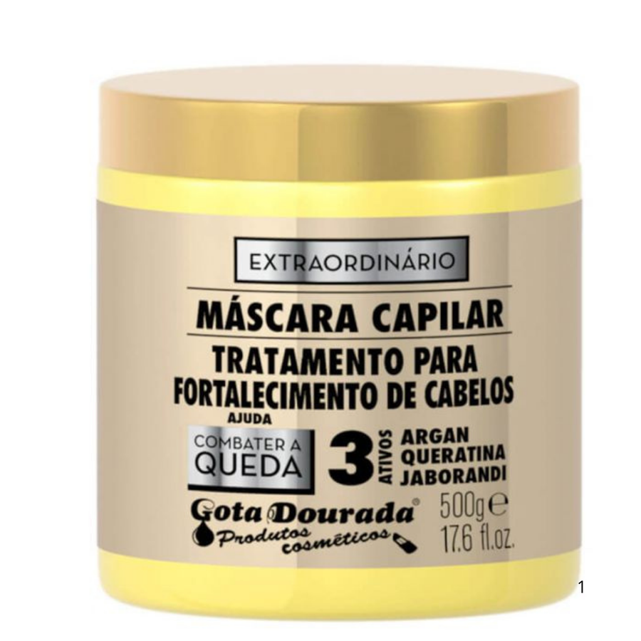 Máscara Gota Dourada Extraordinário 500g, pote amarelo e tampa dourada. Com Argan, Queratina e Jaborandi, fortalece os fios e combate a queda.
