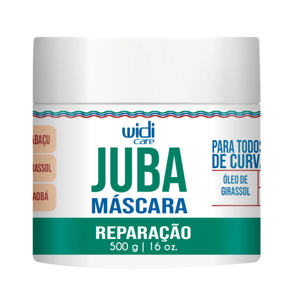 Widi Care Juba Máscara 500g, pote e tampa brancos. Com Óleo de Girassol e Babaçu, promove reparação para todas as curvaturas.