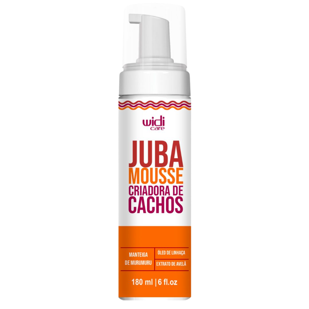 Widi Care Juba Mousse 180mL, frasco branco com pump. Com Murumuru, define e cria cachos com volume.