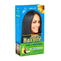 HairLife Liso & Natural 180g, caixa azul e verde. Com óleos de girassol e coco, alisa com efeito natural e proporciona brilho.