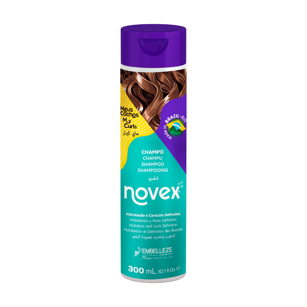 Shampoo Novex Meus Cachos 300mL, frasco colorido e tampa roxa. Proporciona hidratação e definição de caracóis para fios cacheados.
