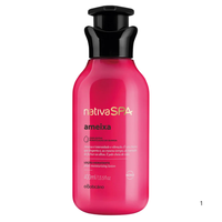 Loção Nativa SPA Ameixa 400mL, frasco rosa e pump preto. Com gotas purificadas de quinoa, hidrata intensamente e perfuma a pele.