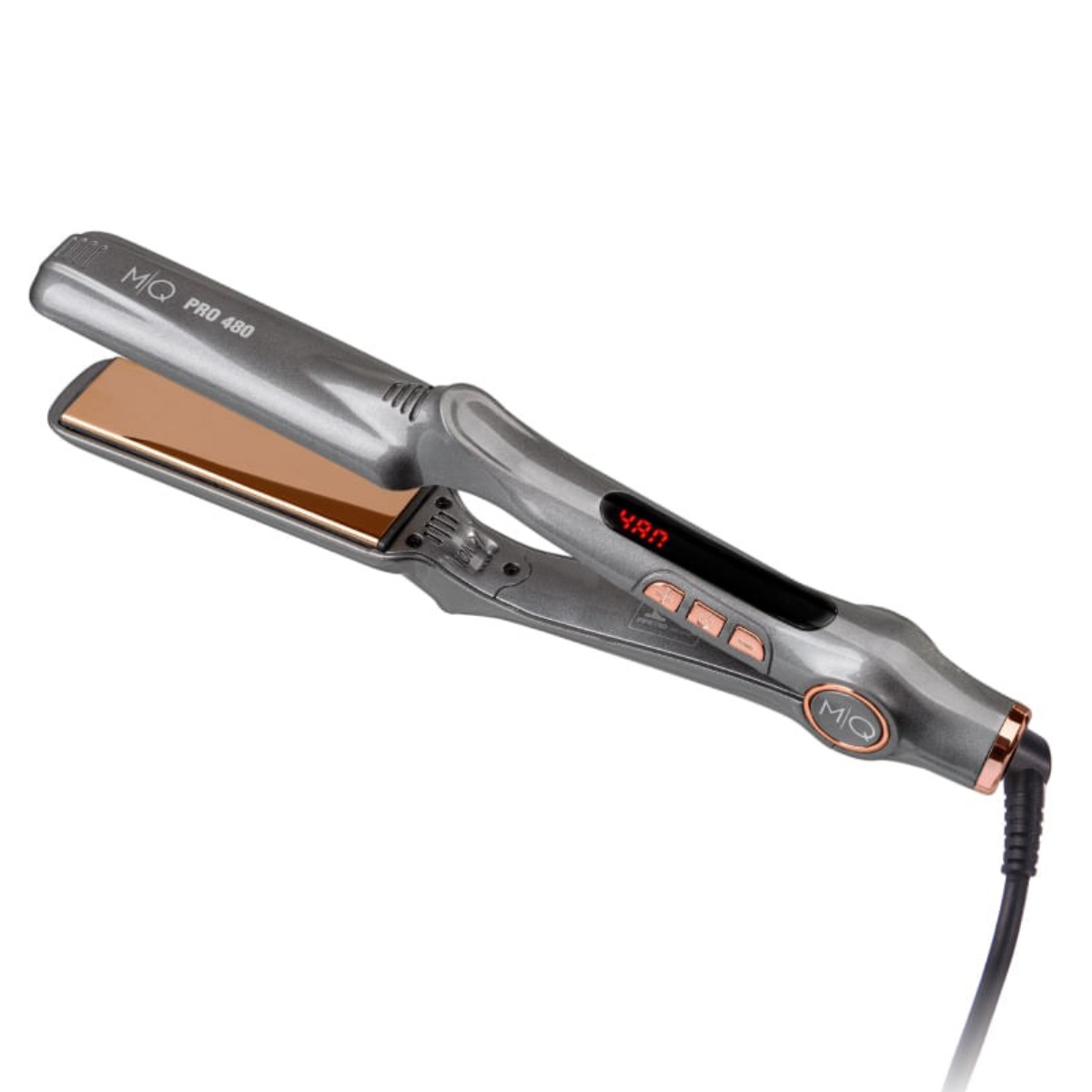 Prancha MQ Pro 480 cinza com placas rose gold e visor digital. Garante alisamento profissional em altas temperaturas.