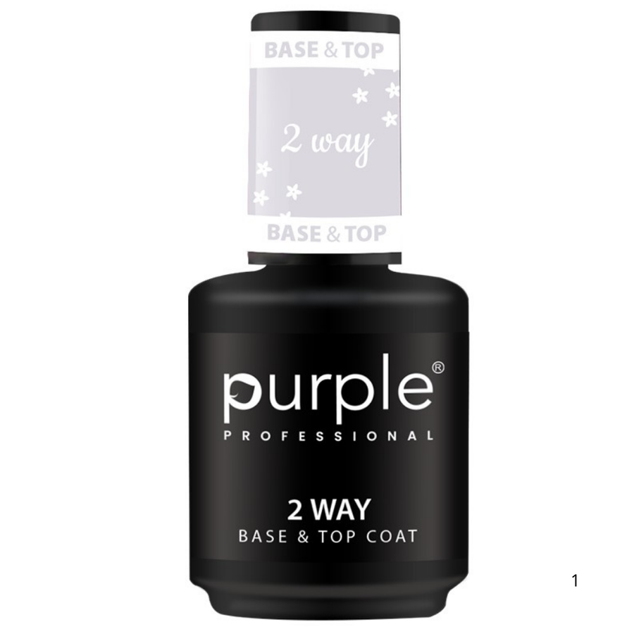 Purple Professional 2 Way Base & Top Coat, frasco preto com rótulo branco. Produto 2 em 1 que atua como base e finalizador para unhas.