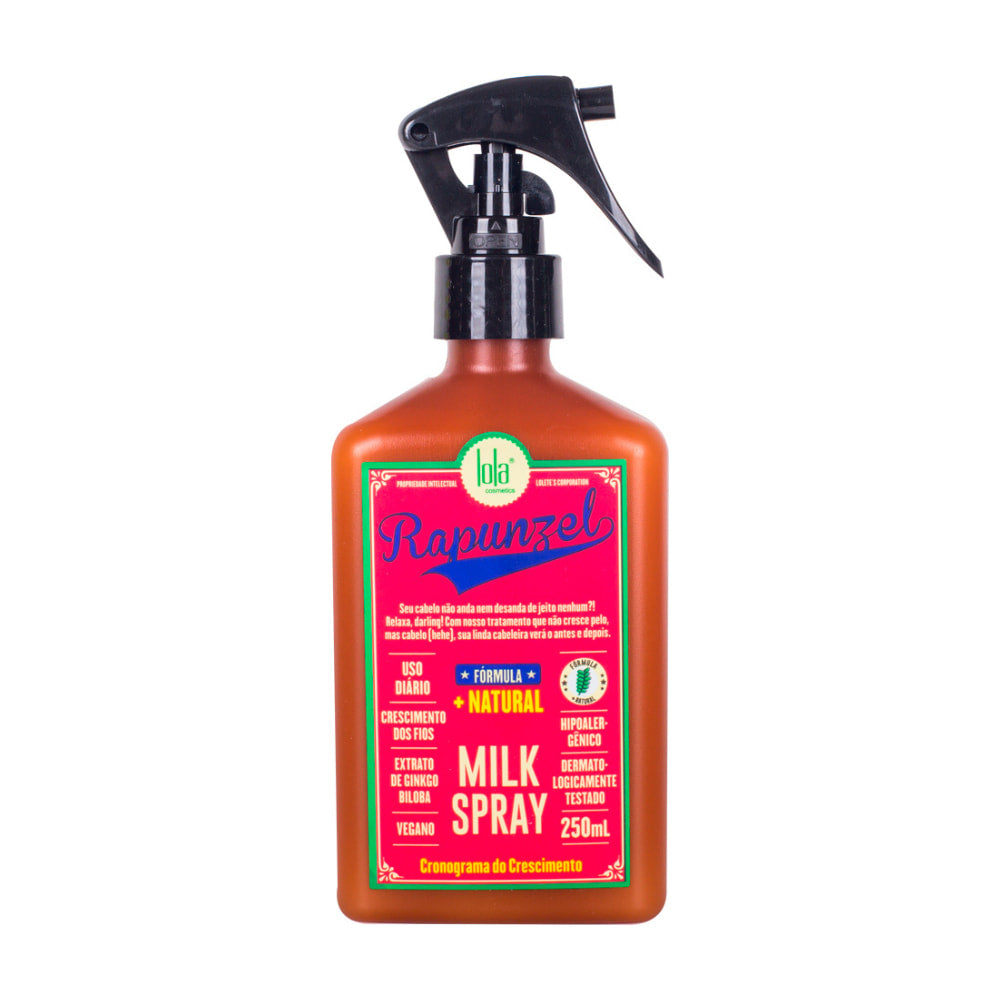 Milk Spray Lola Rapunzel 250mL, frasco marrom com gatilho spray preto. Com Extrato de Ginkgo Biloba, auxilia no crescimento dos fios e é ideal para uso diário.