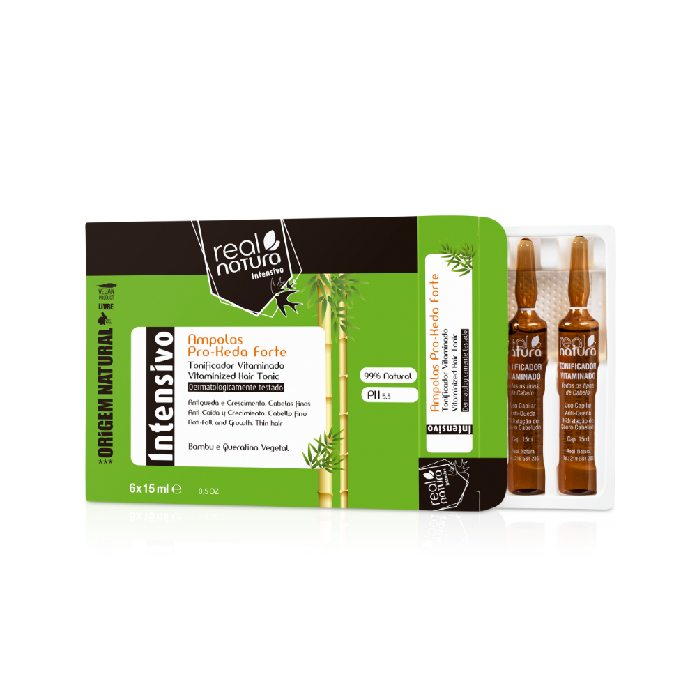 Ampolas Real Natura Pro-Keda Forte $6 \times 15$mL, caixa verde e preta. Com Bambu e Queratina Vegetal, auxiliam no crescimento e combate à queda.