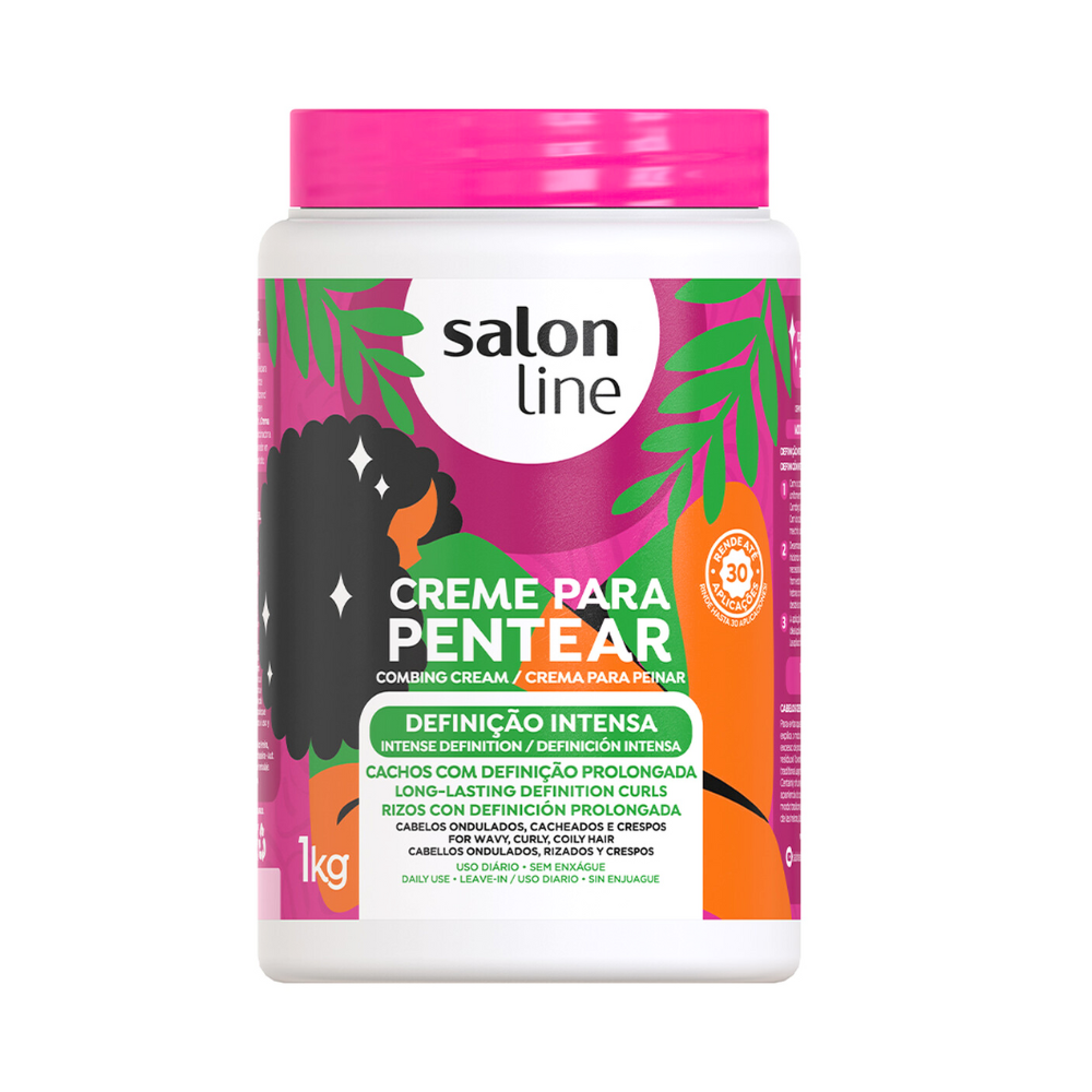 Creme para Pentear Salon Line 1kg Definição Intensa, pote branco e tampa rosa. Garante cachos com definição prolongada.