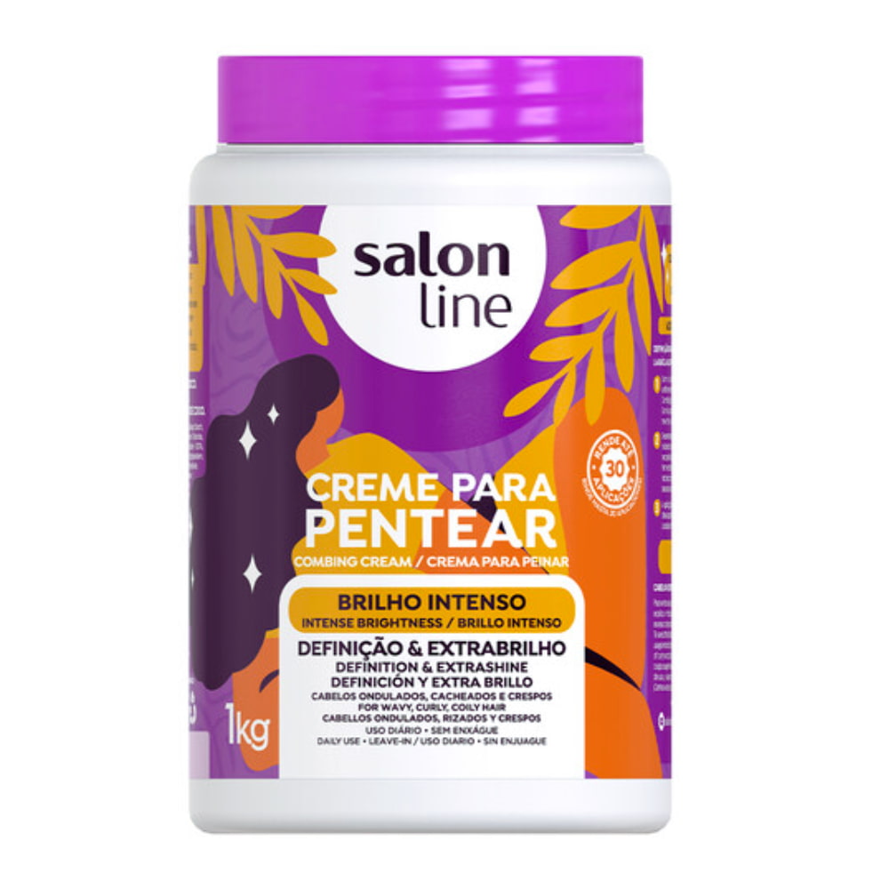 Creme para Pentear Salon Line 1kg Brilho Intenso, pote branco e tampa roxa. Define e dá brilho intenso aos fios.