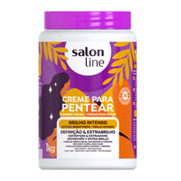 Creme para Pentear Salon Line 1kg Brilho Intenso, pote branco e tampa roxa. Define e dá brilho intenso aos fios.