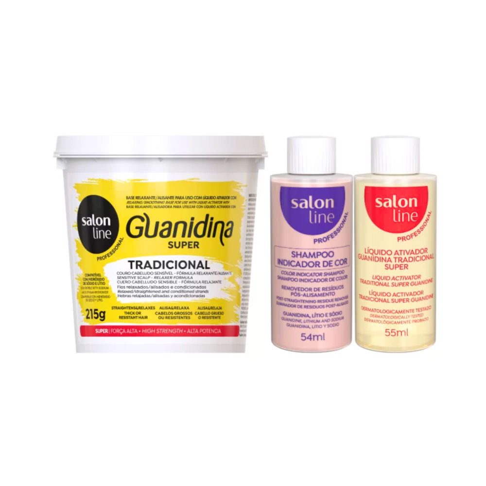 Kit Salon Line Guanidina 215g, pote e frascos. Alisa e relaxa cabelos grossos ou resistentes com força alta.
