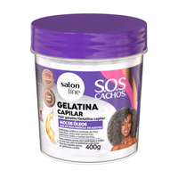 Gelatina Salon Line S.O.S Cachos Mix de Óleos 400g, pote transparente e tampa roxa. Com mix de óleos, proporciona definição, brilho e controle do frizz.