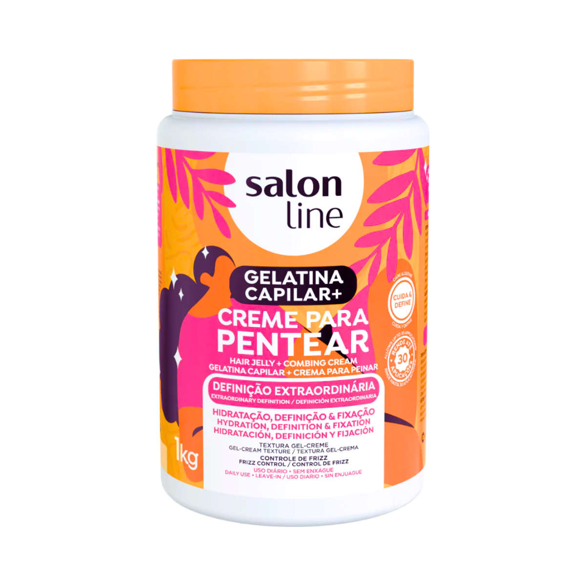 Gelatina + Creme Salon Line 1kg, pote branco e tampa laranja. Proporciona definição extraordinária e fixação.