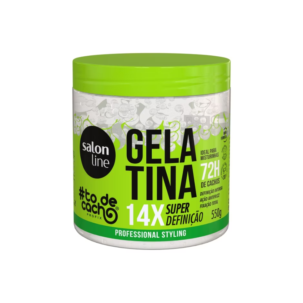 Gelatina Salon Line #todecacho 550g, pote transparente e verde. Garante 14x mais definição e ação antifrizz aos fios.