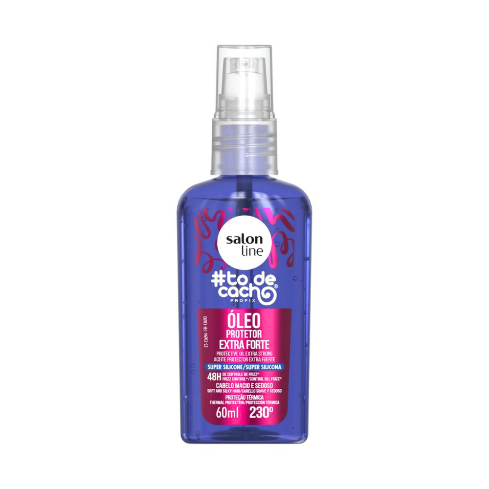 Óleo Salon Line #todecacho Extra Forte 60mL, frasco roxo translúcido com spray. Com Super Silicone, oferece 48h de controle de frizz e proteção térmica até 230°C.