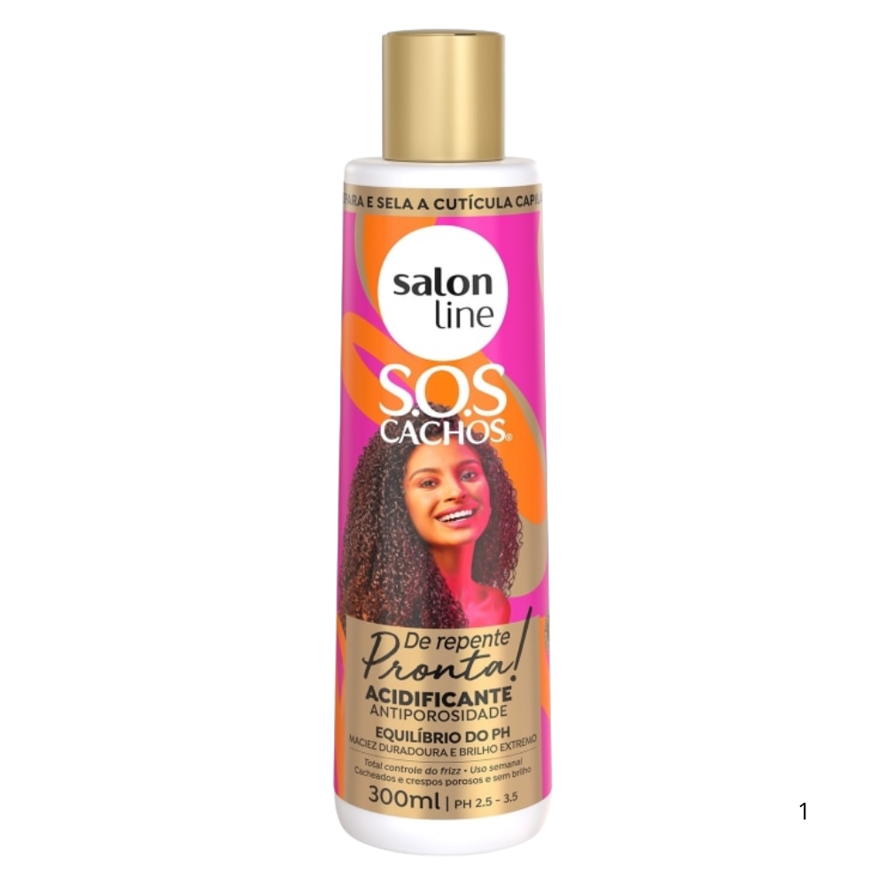 Acidificante Salon Line S.O.S Cachos De Repente Pronta! 300mL, frasco branco e tampa dourada. Com pH $2.5 - 3.5$, equilibra os fios e sela as cutículas, combatendo a porosidade.
